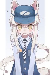 Rule 34 | 1girl, absurdres, animal ears, arknights, baseball cap, blue background, blue hat, blue vest, blush, brown eyes, collared shirt, commentary, diagonal-striped clothes, diagonal-striped necktie, employee uniform, english commentary, hair between eyes, hat, highres, long hair, looking at viewer, nalphanne, necktie, parted lips, platinum (arknights), ponytail, shirt, solo, striped clothes, two-tone background, uniform, upper body, very long hair, vest, white background, white hair, white shirt