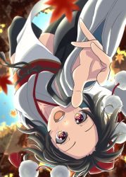 Rule 34 | 1girl, amanoyayuki, autumn leaves, black thighhighs, blue sky, blush, breasts, cleavage, collarbone, commentary request, detached sleeves, hat, highres, japanese clothes, kourindou tengu costume, large breasts, light rays, long sleeves, looking at viewer, obi, open mouth, outstretched arm, pom pom (clothes), red eyes, sash, shameimaru aya, sky, solo, sunbeam, sunlight, tassel, teeth, thighhighs, tokin hat, tongue, touhou, upper body, upper teeth only, upside-down, wide sleeves