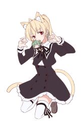 Rule 34 | 2girls, = =, ahoge, andou tazusa, animal ear fluff, animal ears, antenna hair, assault lily, black ribbon, black skirt, blonde hair, brown footwear, buttons, carrying, carrying person, cat ears, cat girl, cat tail, claw pose, closed eyes, commentary, covered mouth, cropped jacket, frilled skirt, frills, full body, green hair, gumoyu, hair between eyes, hair up, hands up, head tilt, high-waist skirt, juliet sleeves, kemonomimi mode, kneeling, leg ribbon, light blush, loafers, long sleeves, looking at viewer, mini person, minigirl, miniskirt, mouth hold, multiple girls, neck ribbon, ponytail, puffy sleeves, red eyes, ribbon, school uniform, shirt, shoes, short hair, simple background, skirt, tail, thigh ribbon, thighhighs, two side up, white background, white shirt, white thighhighs, yellow ribbon, yoshimura thi mai, yurigaoka girls academy school uniform