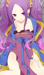 Rule 34 | 1girl, breasts, chinese clothes, dress, fate/grand order, fate (series), frills, hair ornament, highres, long hair, purple eyes, purple hair, ribbon, smile, twintails, wide sleeves, wu zetian (fate)
