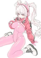 Rule 34 | 1girl, alice (nikke), animal ears, arm support, bodysuit, breasts, commentary request, covered navel, fake animal ears, from above, gloves, goddess of victory: nikke, large breasts, long hair, looking at viewer, open mouth, pink bodysuit, pink eyes, pink gloves, pink hair, rabbit ears, shoes, shrug (clothing), sidelocks, sitting, smile, sneakers, socks, solo, twintails, wariza, white footwear, white socks, youmak