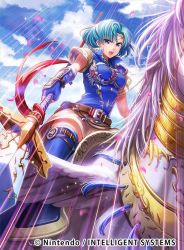 Rule 34 | 1girl, armor, blue hair, chachie, circlet, cloud, copyright name, day, feathered wings, fingerless gloves, fire emblem, fire emblem: the binding blade, fire emblem cipher, gloves, nintendo, official art, open mouth, pegasus, pegasus knight uniform (fire emblem), petals, polearm, sky, solo, spear, teeth, thea (fire emblem), thighhighs, weapon, wings