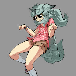 Rule 34 | 1girl, alternate costume, alternate hairstyle, animal ears, feet out of frame, green hair, grey background, hawaiian shirt, highres, horns, kaibootsu, komano aunn, pink shirt, sandals, shirt, short sleeves, shorts, single horn, smile, solo, sunglasses, tail, touhou, watch, wristwatch
