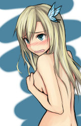 Rule 34 | 10s, 1girl, aqua eyes, back, blonde hair, blush, boku wa tomodachi ga sukunai, breasts, bug, butterfly, completely nude, covering privates, covering breasts, embarrassed, insect, kashiwazaki sena, long hair, natuki touji, nude, solo, tears, wavy mouth