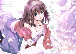Rule 34 | 1girl, :o, black hair, blue eyes, book, breasts, cleavage, idolmaster, idolmaster cinderella girls, jewelry, kneeling, large breasts, long hair, long skirt, looking at viewer, motoyon, necklace, off-shoulder, off-shoulder sweater, pendant, ribbed sweater, sagisawa fumika, shawl, skirt, solo, sweatdrop, sweater, translation request