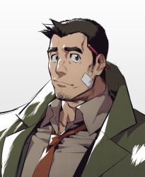 Rule 34 | 1boy, ace attorney, bandaid, bandaid on cheek, bandaid on face, bara, black hair, brown shirt, coat, collared shirt, dick gumshoe, facial hair, fukurau, green coat, highres, looking at viewer, male focus, mature male, necktie, pectorals, pencil, red necktie, shirt, short hair, sideburns, solo, stubble, thick eyebrows, upper body