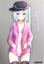 Rule 34 | 10s, 1girl, alternate hairstyle, artist name, black hat, black thighhighs, blue eyes, blush, bra, cardigan, collarbone, cowboy shot, dlat chest, grey background, hair ribbon, hat, hibiki (kancolle), highres, kantai collection, kayakooooo, long hair, looking at viewer, midriff, navel, open cardigan, open clothes, panties, pink bra, pink panties, pink ribbon, pink sweater, ribbon, shiny clothes, side ponytail, sketch, solo, standing, stomach, sweater, thighhighs, underwear, unzipped, verniy (kancolle), very long hair, visor cap