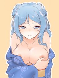 Rule 34 | 10s, 1girl, bare shoulders, blue eyes, blue hair, blush, breast hold, breasts, cbgb, clenched teeth, collarbone, covering privates, covering breasts, double bun, female focus, hunched over, japanese clothes, kantai collection, kimono, large breasts, long hair, looking at viewer, matching hair/eyes, nipples, no bra, off shoulder, open clothes, orange background, outline, simple background, solo, sweat, teeth, undressing, upper body, urakaze (kancolle)