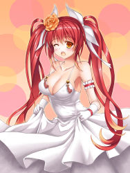 Rule 34 | 1girl, bare shoulders, blush, breasts, cleavage, collarbone, dress, female focus, flower, girls&#039; frontline, gloves, hair ornament, hair ribbon, highres, large breasts, long hair, long skirt, long twintails, looking at viewer, open mouth, orange eyes, red hair, ribbon, skirt, sogegin, solo, standing, twintails, white gloves, wink