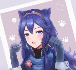 Rule 34 | 1girl, animal ears, blue eyes, blue hair, blush, cat ears, commentary request, fire emblem, fire emblem awakening, gloves, leonmandala, long hair, looking at viewer, lucina (fire emblem), nintendo, open mouth, paw pose, solo