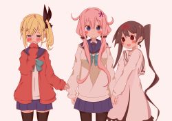 Rule 34 | 3girls, absurdres, blazer, blonde hair, blue eyes, blush, bow, brown hair, clothes grab, commentary, cross hair ornament, flower, hair bow, hair flower, hair ornament, hair ribbon, hairclip, hand to own mouth, heart, heart-shaped pupils, highres, holding hands, jacket, jealous, jinyama, left out, long hair, looking at another, looking at viewer, midori hemo, multiple girls, nukui hayu, ochikobore fruit tart, open mouth, pantyhose, pink hair, red eyes, ribbon, sakura ino, school uniform, scrunchie, simple background, skirt, sleeve grab, sleeve pull, smile, symbol-shaped pupils, thighhighs, twintails, very long hair, white background, yuri, zettai ryouiki