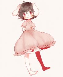 Rule 34 | 1girl, animal ears, arms behind back, bad id, bad pixiv id, barefoot, black hair, bloomers, carrot, carrot necklace, dress, full body, inaba tewi, jewelry, necklace, pendant, pink background, pink dress, rabbit ears, red eyes, short hair, simple background, smile, solo, touhou, underwear, yujup