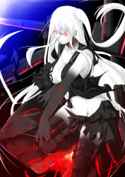 Rule 34 | 10s, 1girl, abyssal ship, aircraft carrier princess, armor, armored boots, boots, breasts, cleavage, dress, glowing, glowing eyes, highres, kantai collection, large breasts, long hair, niwatazumi, one side up, pale skin, red eyes, sailor dress, torn clothes, torn dress, very long hair, white hair