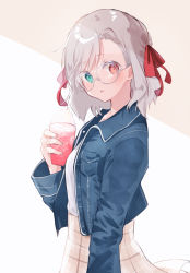 Rule 34 | 1girl, absurdres, blue jacket, blush, bow, brown background, brown skirt, copyright request, cup, food, glasses, green eyes, grey-framed eyewear, grey hair, hair bow, hand up, heterochromia, highres, himaneko., holding, holding cup, jacket, long sleeves, looking at viewer, open clothes, open jacket, parted lips, red bow, red eyes, round eyewear, shirt, skirt, solo, two-tone background, white background, white shirt