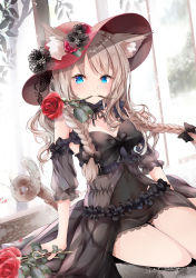 Rule 34 | 1girl, absurdres, animal ear fluff, animal ears, arm support, artist name, black bow, black dress, black flower, black sleeves, blue eyes, bow, braid, breasts, brown hair, cat ears, cat girl, cat tail, cleavage, closed mouth, commentary request, detached sleeves, dress, flower, flower in mouth, hair bow, hat, hat flower, highres, long hair, looking at viewer, mouth hold, mutang, original, red flower, red hat, red rose, rose, see-through, see-through sleeves, short sleeves, signature, sitting, small breasts, smile, solo, tail, twin braids, very long hair, window, yokozuwari