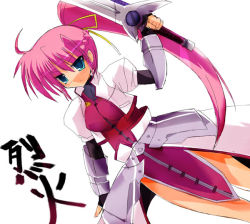 Rule 34 | 00s, blue eyes, laevatein (nanoha), long hair, lyrical nanoha, mahou shoujo lyrical nanoha, mahou shoujo lyrical nanoha a&#039;s, mahou shoujo lyrical nanoha strikers, pink hair, ponytail, signum, solo, sword, waist cape, weapon, whip sword