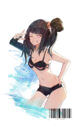 Rule 34 | 1girl, alternate costume, architect (girls&#039; frontline), barcode, bike shorts, bikini, bikini top only, black shorts, cowboy shot, elbow gloves, girls&#039; frontline, gloves, hand on own hip, hei chuan gui, highres, long hair, navel, one eye closed, parted lips, partially submerged, pink eyes, shorts, simple background, single elbow glove, smile, solo, swimsuit, teeth, w