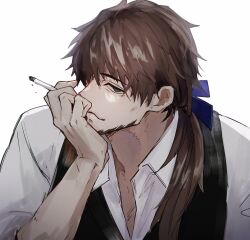 Rule 34 | 1boy, between fingers, black vest, blue ribbon, brown eyes, brown hair, facial hair, fate/grand order, fate (series), hand on own face, haruakira, hector (fate), highres, holding, long hair, looking at viewer, male focus, mature male, ponytail, ribbon, shirt, simple background, solo, vest, white background, white shirt