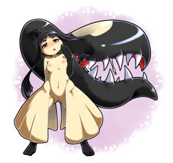 Rule 34 | 1girl, alternate color, blush, censored, cleft of venus, creatures (company), extra mouth, feet, flat chest, furry, furry female, game freak, gen 3 pokemon, long hair, mawile, navel, nintendo, nipples, open mouth, pokemon, pokemon (creature), pussy, red eyes, shimanto youta, simple background, solo