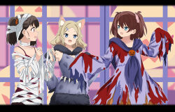 3girls abe_kanari bandages black_hair blue_eyes blue_neckerchief breasts brown_eyes brown_hair detached_sleeves dress grey_dress hair_ornament hairclip halloween_costume hand_on_own_hip high_school_fleet highres long_hair medium_breasts multiple_girls mummy_costume neckerchief ogasawara_hikari shiretoko_rin toumatsu_mimi twintails