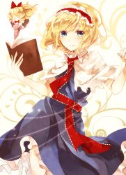 Rule 34 | 1girl, alice margatroid, asada sadao, bad id, bad twitter id, blonde hair, blue dress, blue eyes, blush, book, capelet, doll, dress, frills, grin, hairband, highres, long hair, looking at viewer, necktie, open book, puppet strings, ribbon, shanghai doll, short hair, simple background, smile, solo, touhou, weapon