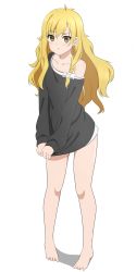 Rule 34 | 1girl, alternate costume, arice-spead-21, bare legs, barefoot, blonde hair, bottomless, braid, collarbone, full body, highres, kirisame marisa, long hair, long sleeves, looking at viewer, naked shirt, no pants, off shoulder, pigeon-toed, shirt, shirt tug, simple background, single braid, solo, touhou, v arms, white background, yellow eyes