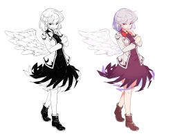 Rule 34 | 1girl, brown footwear, closed mouth, dress, feathered wings, full body, grey hair, grey jacket, highres, jacket, kishin sagume, maguro (mawaru sushi), multiple views, open clothes, open jacket, purple dress, red eyes, shoes, short hair, simple background, single wing, touhou, white background, white wings, wings