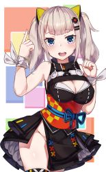Rule 34 | 1girl, :d, bare shoulders, blue eyes, blunt bangs, blush, breasts, center opening, cleavage, dress, hair ornament, hairclip, half-closed eyes, highres, kaguya luna, looking at viewer, medium breasts, natori youkai, no panties, obi, open mouth, sash, silver hair, sleeveless, sleeveless dress, smile, solo, the moon studio, thighhighs, twintails, virtual youtuber