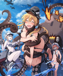 Rule 34 | 10s, 3girls, aircraft, airplane, alcohol, anchor hair ornament, asahi breweries, barefoot, beer, beer can, beret, bikini, bikini pull, black bikini, black ribbon, blonde hair, blue sky, blush, breasts, brown eyes, brown hair, can, cleavage, closed eyes, clothes pull, cloud, collarbone, day, drink can, ezusuke, graf zeppelin (kancolle), grey eyes, hair between eyes, hair ornament, hat, highres, kantai collection, knees together feet apart, large breasts, long hair, low twintails, machinery, mad max, mad max: fury road, mask, military hat, monster, multiple girls, navel, octopus, open mouth, outdoors, peaked cap, prinz eugen (kancolle), restrained, ribbon, sailor bikini, sailor collar, sailor hat, sarong, short hair, sidelocks, sky, swimsuit, tears, tentacles, tsurime, twintails, water, white bikini, white hat, z3 max schultz (kancolle)