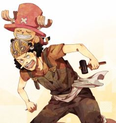 Rule 34 | 1boy, antlers, bad id, bad pixiv id, bandana, black hair, fingernails, goggles, grin, hammer, hat, horns, long nose, male focus, mcr, nail, one piece, overalls, pink hat, pirate, reindeer, riding, sash, simple background, smile, standing, tony tony chopper, usopp