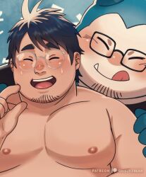 Rule 34 | 2boys, :q, alternate facial hair, bara, behind another, bespectacled, blush, clothed male nude male, clothed pokemon, creatures (company), cropped, daisukebear, facial hair, fat, fat man, finger to cheek, furry, furry male, furry with non-furry, game freak, gen 1 pokemon, glasses, goatee stubble, hands on another&#039;s shoulders, interspecies, large pectorals, male focus, mature male, multiple boys, muscular, muscular male, neroli (pokemon), nervous sweating, nintendo, nipples, nude, paid reward available, pectorals, pokemon, pokemon sleep, round eyewear, shirt, short hair, sideburns, snorlax, stubble, sweat, t-shirt, thick eyebrows, tongue, tongue out, tusks, undressing another, upper body, yaoi