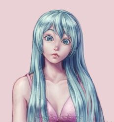 Rule 34 | 1girl, aqua eyes, aqua hair, arms at sides, artist name, bra, commentary, english commentary, hair between eyes, hatsune miku, lips, looking at viewer, making-of available, nieceychan, pink background, pink bra, puckered lips, simple background, solo, tumblr username, underwear, upper body, vocaloid, watermark, web address