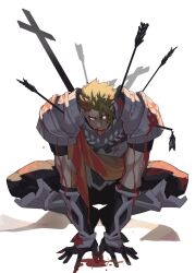 Rule 34 | 1boy, achilles (fate), armor, black pants, blood, blood from mouth, blood in hair, blood on clothes, blood on face, blood on hands, commentary request, fate/apocrypha, fate (series), gauntlets, haruakira, highres, injury, looking up, male focus, muscular, muscular male, orange sash, pants, parted lips, partial commentary, red eyes, short hair, solo, squatting, undercut