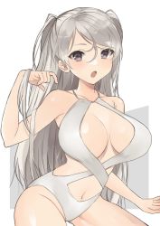 Rule 34 | alternate costume, brown eyes, conte di cavour (kancolle), hair between eyes, highres, kantai collection, long hair, one-piece swimsuit, simple background, solo, swimsuit, toriniku senshi chikinman, two side up, white background, white one-piece swimsuit
