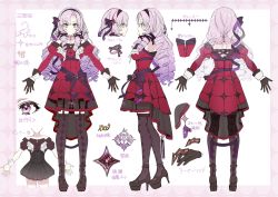Rule 34 | 1girl, absurdres, argyle, argyle clothes, argyle legwear, character sheet, claw ring, commentary request, dress, drill hair, full body, garter straps, gloves, hair ribbon, high-low skirt, high heels, highres, hyakumantenbara salome, hyakumantenbara salome (1st costume), long hair, multiple views, nijisanji, official art, purple eyes, purple hair, red dress, ribbon, second-party source, thighhighs, translation request, virtual youtuber, wata (attaka towel)