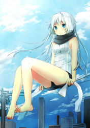 Rule 34 | 1girl, ahoge, bad id, bad pixiv id, bare arms, bare shoulders, barefoot, black scarf, black shorts, blue eyes, blush, building, cityscape, clarinet (natsumi3230), cloud, day, feet, fingernails, from below, full body, kurata rine, legs, long hair, looking away, nail polish, original, outdoors, parted lips, pink nails, power lines, scarf, short hair with long locks, short shorts, shorts, silver hair, sitting, sky, skyscraper, sleeveless, unworn socks, solo, sunlight, toenails, toes, wind