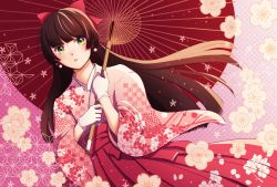 Rule 34 | 1girl, blunt bangs, brown hair, dutch angle, earrings, floral print, flower, gloves, gradient background, green eyes, hair ribbon, hakama, hakama skirt, happypokapoka, highres, holding, holding umbrella, japanese clothes, jewelry, kimono, lace, lace-trimmed gloves, lace trim, long hair, looking at viewer, oil-paper umbrella, original, parted lips, pink background, pink kimono, polka dot, polka dot background, pom pom (clothes), pom pom earrings, red hakama, red ribbon, ribbon, skirt, solo, taishou, umbrella, white gloves, yukata