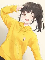 Rule 34 | 1girl, ;d, animification, arm up, black hair, blush, brown eyes, character print, commentary, cropped, date pun, dated commentary, drawstring, dutch angle, high ponytail, highres, hinoshita kaho, hood, hoodie, link! like! love live!, lone nape hair, love live!, medium hair, nirei nozomi, number pun, one eye closed, open mouth, real life, salute, shadow, sidelocks, smile, solo, teeth, tied drawstring, upper body, upper teeth only, voice actor, white background, yellow hoodie, yutuki ame