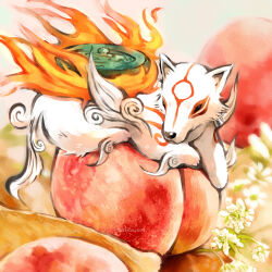 Rule 34 | amaterasu (ookami), animal, animal focus, artist name, black eyes, closed mouth, commentary, facial mark, fire, flower, fluffybiscotti, food, fruit, no humans, ookami (game), oversized food, oversized object, peach, solo, white flower, white fur, wolf