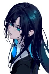 Rule 34 | 1girl, ado (utaite), adochansukisuki, black hair, blue eyes, blue hair, chando (ado), cloud nine inc, collared shirt, colored inner hair, commentary, flower brooch, from side, highres, long hair, looking at viewer, mole, mole under eye, multicolored hair, parted lips, shirt, sidelocks, simple background, solo, two-tone hair, upper body, utaite, white background, white shirt