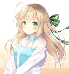 Rule 34 | 1girl, ahoge, blonde hair, blue shirt, blush, bow, breasts, closed mouth, collared shirt, gradient background, green bow, green eyes, hair bow, half updo, jacket, lace, long hair, looking at viewer, medium breasts, off shoulder, open clothes, open jacket, orange background, original, see-through, shiro kuma shake, shirt, smile, solo, striped, striped bow, tareme, upper body, very long hair, white jacket, wing collar