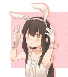Rule 34 | 1girl, aged down, akagi (kancolle), alternate costume, arms up, asakawa shinka, bad id, bad twitter id, black hair, blush, breasts, brown hair, camisole, choker, collarbone, ear visible through hair, ears visible through hair, gloves, hair between eyes, hair ornament, hairband, kantai collection, looking at viewer, parted lips, rabbit hair ornament, sleeveless, small breasts, solo, upper body, white gloves, white neckwear