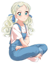 Rule 34 | 1girl, :o, aikatsu!, aikatsu! (series), aqua eyes, blonde hair, blue pants, blush, commentary, from side, full body, hair ornament, highres, indian style, long hair, looking at viewer, no shoes, overalls, pants, parted lips, sekina, shirt, short sleeves, simple background, sitting, socks, solo, todo yurika, twintails, v-shaped eyebrows, white background, white shirt, white socks, x hair ornament