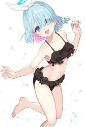 Rule 34 | 1girl, arona (blue archive), bare arms, bare shoulders, barefoot, bikini, black bikini, blue archive, blue eyes, blue hair, bow hairband, breasts, colored inner hair, deca purio, eyes visible through hair, foot out of frame, frilled bikini, frills, hairband, halo, hands up, happy, highres, leg up, looking at viewer, multicolored hair, navel, pink hair, short hair, sidelocks, simple background, small breasts, smile, solo, stomach, swept bangs, swimsuit, toes, two-tone hair, white background, white hairband