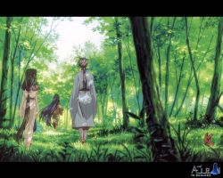Rule 34 | 00s, 1boy, 2girls, air (visual novel), animal, aratani tomoe, day, forest, from behind, grass, japanese clothes, kannabi no mikoto, letterboxed, long hair, multiple girls, nature, official art, official wallpaper, outdoors, ponytail, rabbit, ryuuya, scenery, tree, uraha, uraha (air), very long hair, wallpaper