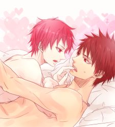 Rule 34 | 2boys, akashi seijuurou, bed, eye contact, height difference, jewelry, kagami taiga, kuroko no basuke, looking at another, lying on person, male focus, multiple boys, necklace, nude, red eyes, red hair, risana, short hair, size difference, sweatdrop, yaoi