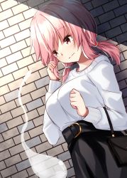 Rule 34 | 1girl, alternate costume, alternate hairstyle, arms up, bag, belt, black skirt, blush, breasts, brick wall, casual, commentary request, contemporary, cowboy shot, dutch angle, embarrassed, hand in own hair, handbag, hitodama, large breasts, long sleeves, looking to the side, low twintails, merxkialis, pink eyes, pink hair, saigyouji yuyuko, shadow, short hair, skirt, solo, standing, sweater, touhou, twintails, white sweater