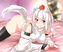 1girl all_fours animal_ears black_thighhighs blurry blurry_background blush bottomless breasts christmas_tree closed_mouth commentary_request detached_sleeves fingerless_gloves gloves hair_between_eyes hat heart houkai_(collapse_illust) inubashiri_momiji looking_at_viewer medium_breasts on_bed orange_eyes pom_pom_(clothes) red_hat shirt short_hair skindentation smile solo tail tareme thighhighs tokin_hat touhou turtleneck underwear white_hair white_shirt wide_sleeves wolf_ears wolf_tail