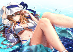 Rule 34 | 1girl, arm up, bare legs, bikini, blue ribbon, blush, breasts, brown hair, cleavage, collarbone, day, flower, foot up, girls&#039; frontline, green eyes, groin, hair between eyes, hair ribbon, hair rings, hand on headwear, hat, hat flower, hat ribbon, highres, knees together feet apart, knees up, large breasts, long hair, looking at viewer, lying, navel, o-ring, o-ring top, ocean, official alternate costume, on back, open clothes, open shirt, outdoors, parted lips, partially submerged, ribbon, ripples, rshow, sarong, see-through, shirt, sidelocks, skindentation, smile, solo, springfield (girls&#039; frontline), springfield (stirring mermaid) (girls&#039; frontline), stomach, sun hat, swimsuit, thighs, wet, white bikini, white shirt