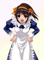 Rule 34 | 00s, 1girl, apron, bent over, breasts, brown hair, duplicate, female focus, hands on own hips, leaning forward, maid, maid apron, ponytail, resized, short hair, solo, standing, suzumiya haruhi, suzumiya haruhi no yuuutsu